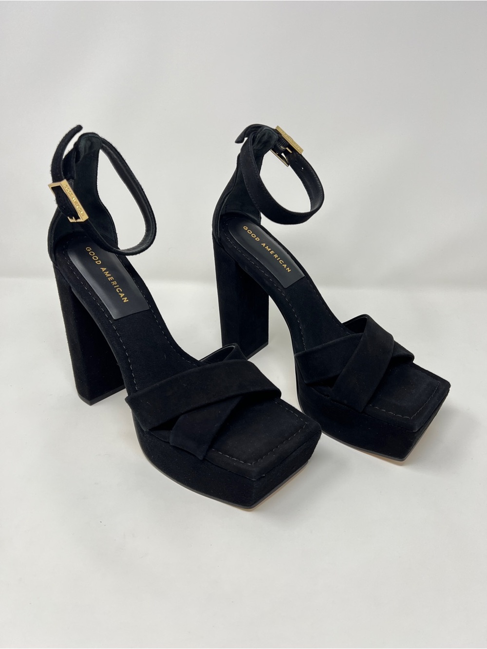 Good American Black Suede Platform Block Heel Sandals with Gold Buckle